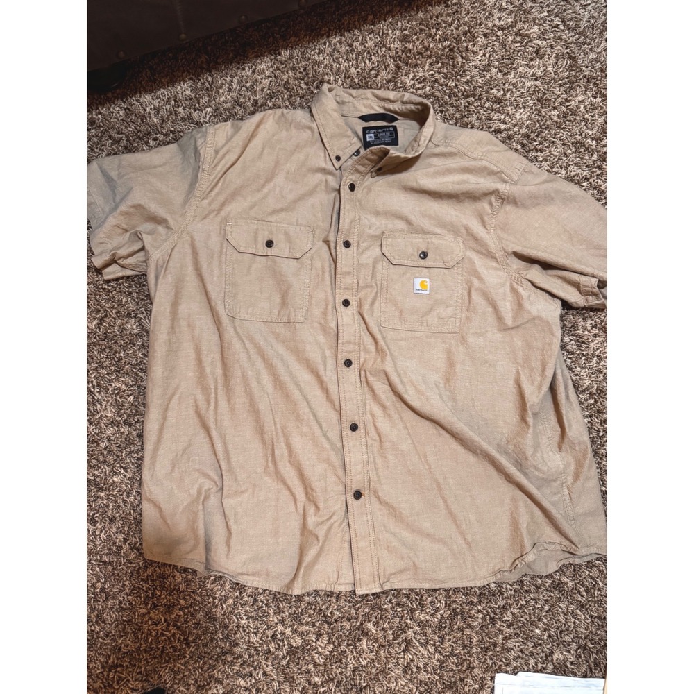 Carhartt Mens 3XL Loose Fit Short Sleeve Button Down Shirt Tan Canvas M146
